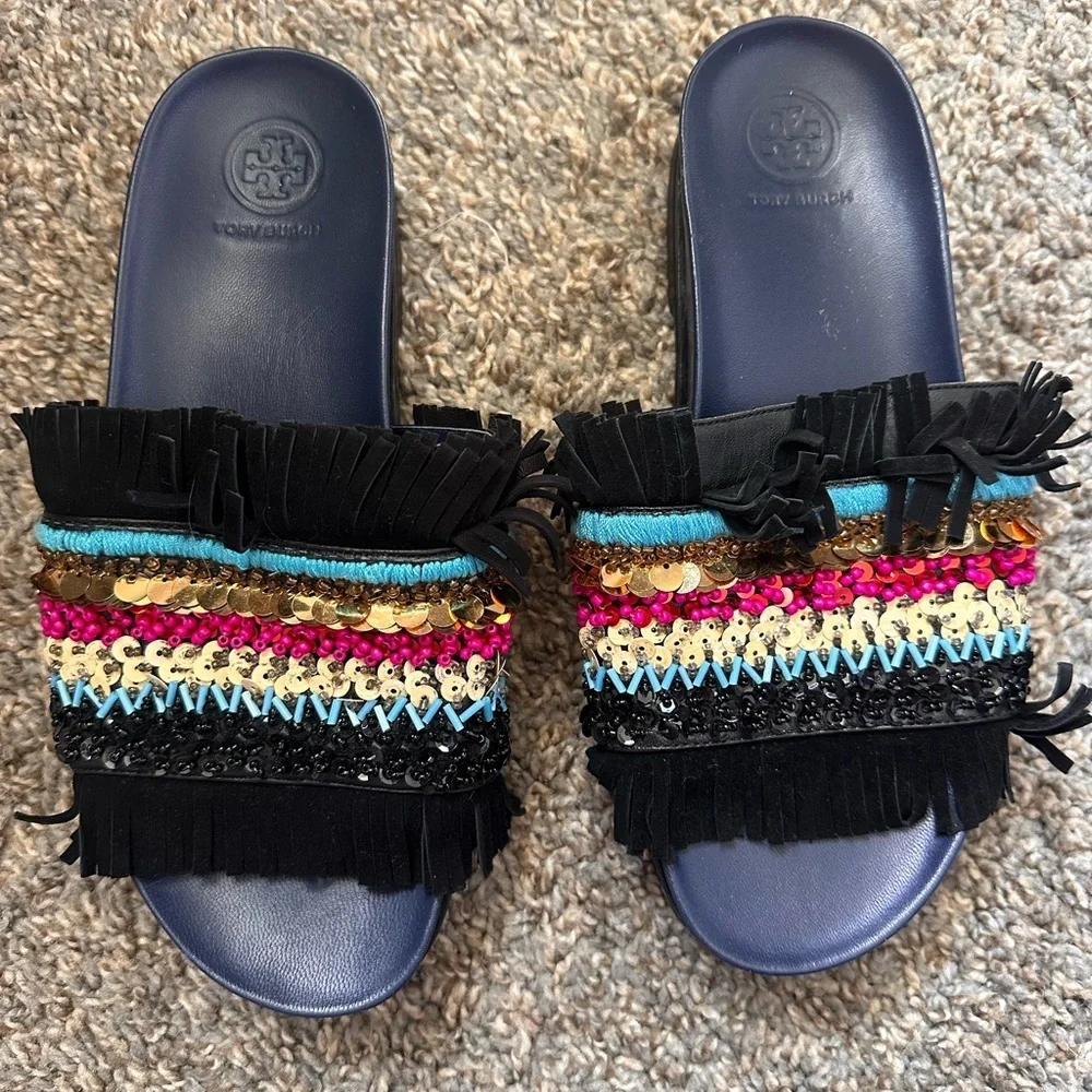 Tory Burch Isle Slide Slipon Sandal Navy Black Sequin Size 7.5 - Picture 4 of 5